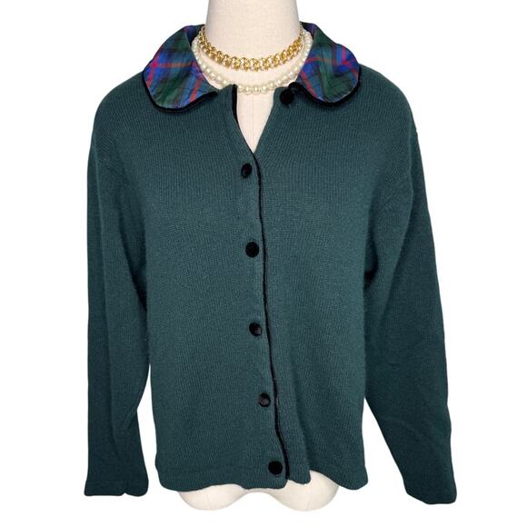 Vintage Talbots wool angora velvet plaid round collar cardigan sweater size M - Picture 1 of 8